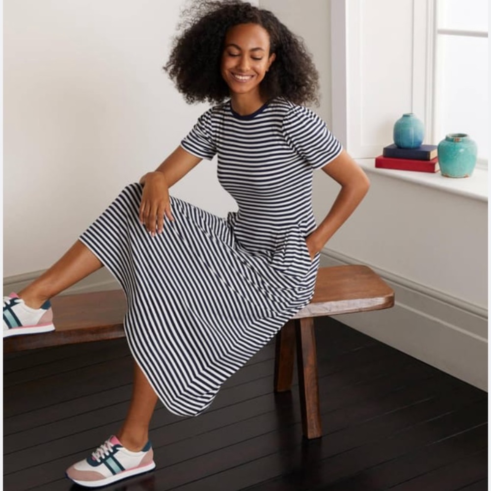 Boden Navy and White Striped Midi Dress